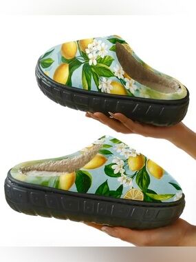 Cozy Lemon-Print Slip-On Slippers for Women - Blue/Yellow